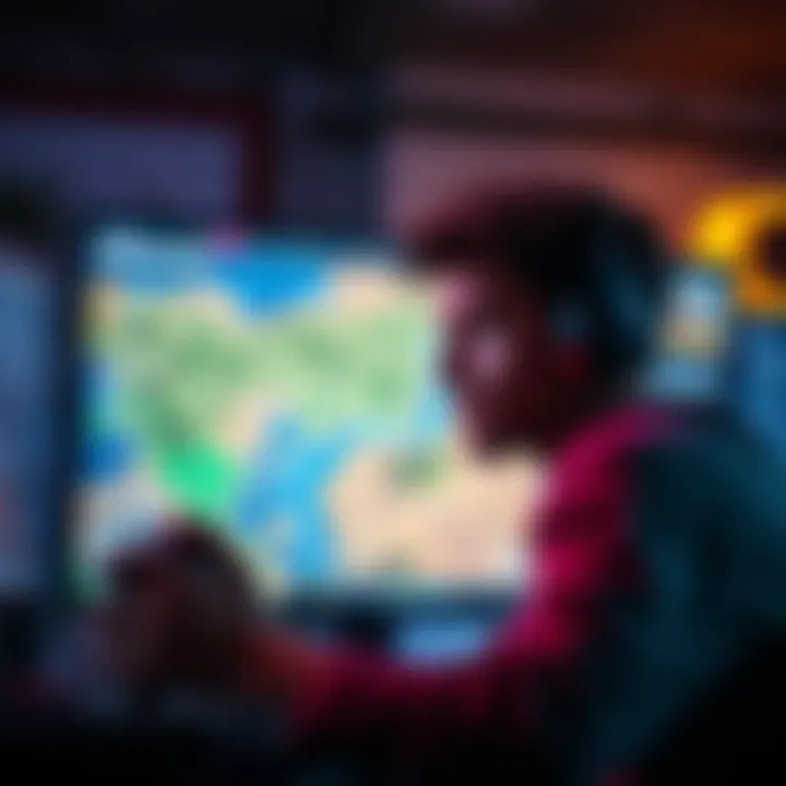 A gamer showing frustration while looking at a screen displaying a repetitive game map design.