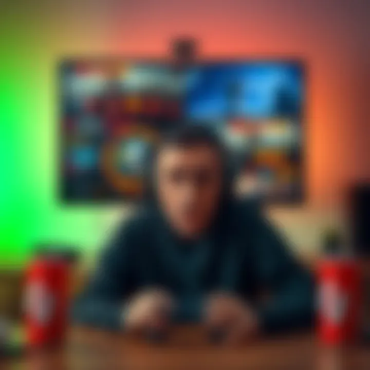 A frustrated gamer sits in front of a computer screen, showcasing a game interface with visible cheating indicators. Empty energy drink cans and a game controller are on the desk, highlighting the ten...