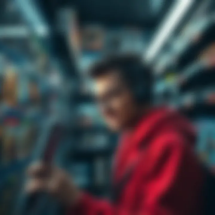 A gamer looking at a cluttered digital store filled with low-quality games, frustrated by the overwhelming number of shovelware titles.