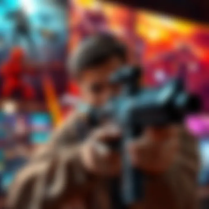 A gamer looking frustrated while aiming a semi-automatic weapon on a screen filled with action scenes