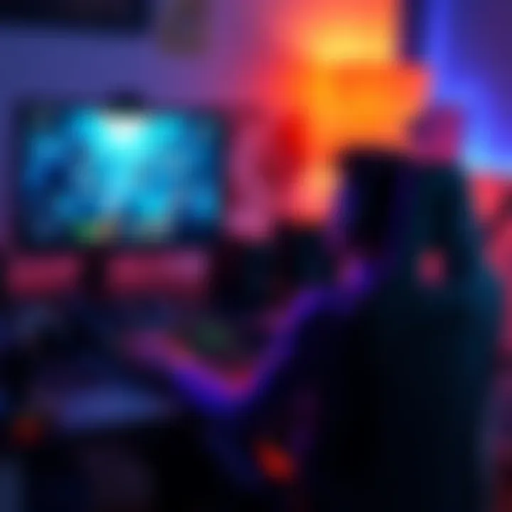 A dedicated gamer sitting at their desk, looking disappointed while playing a video game on their computer. The screen shows a game interface, with action scenes from an online multiplayer game. Empty...