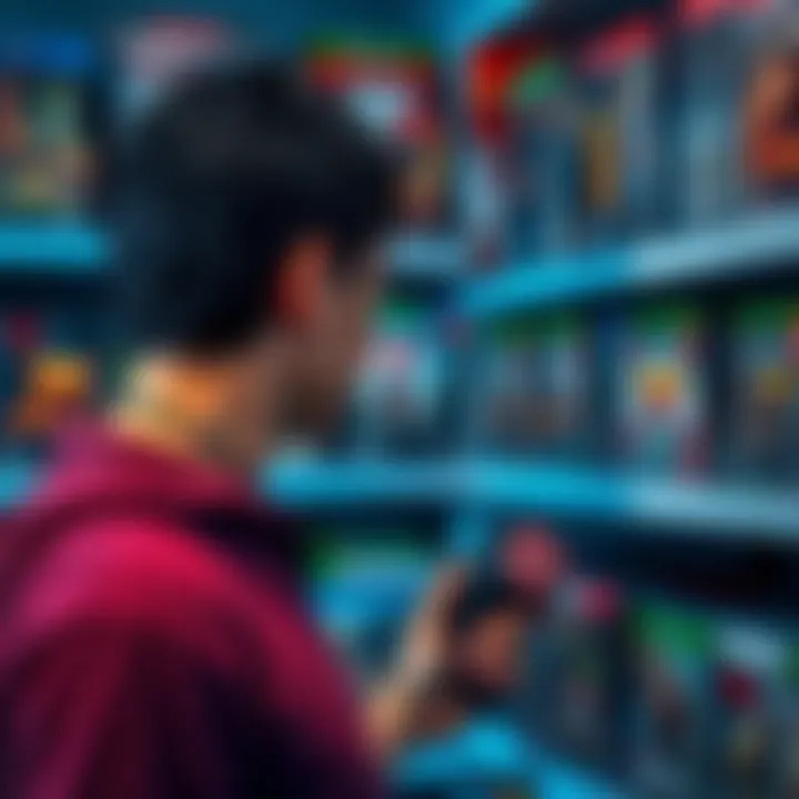 A person showing disappointment while staring at a collection of video games on a shelf, contemplating their purchases.