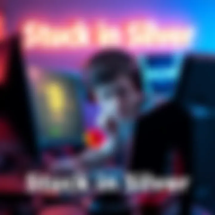 A gamer looks stressed while playing on a computer, showing a screen with silver rank details. They have a headset on and are surrounded by gaming gear, conveying their struggle to rank up.