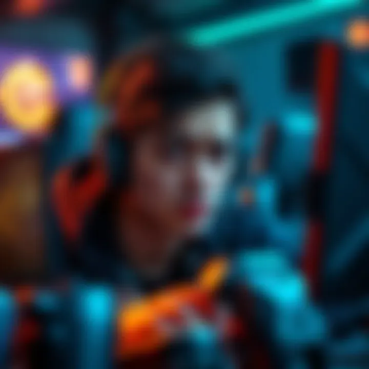 A gamer looking disappointed while playing a video game, showing frustration after a failed match, surrounded by gaming gear.