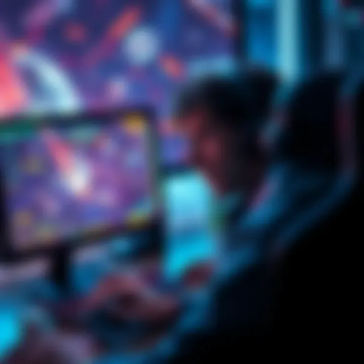 A gamer showing frustration while playing Star Citizen on their computer, with a chaotic game interface visible on the screen