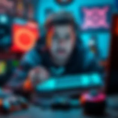 Frustrated gamer with Steam Deck A gamer showing frustration while holding a Steam Deck, looking at the screen with a worried expression, surrounded by game-related items