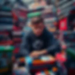 Frustrated Gamer Surrounded by Games A gamer looks stressed while sitting among a pile of video game cases and consoles, contemplating their long list of unplayed titles.