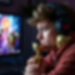 A gamer looking frustrated while playing a video game, surrounded by gaming trophies on the screen, representing challenges faced in earning platinum trophies.