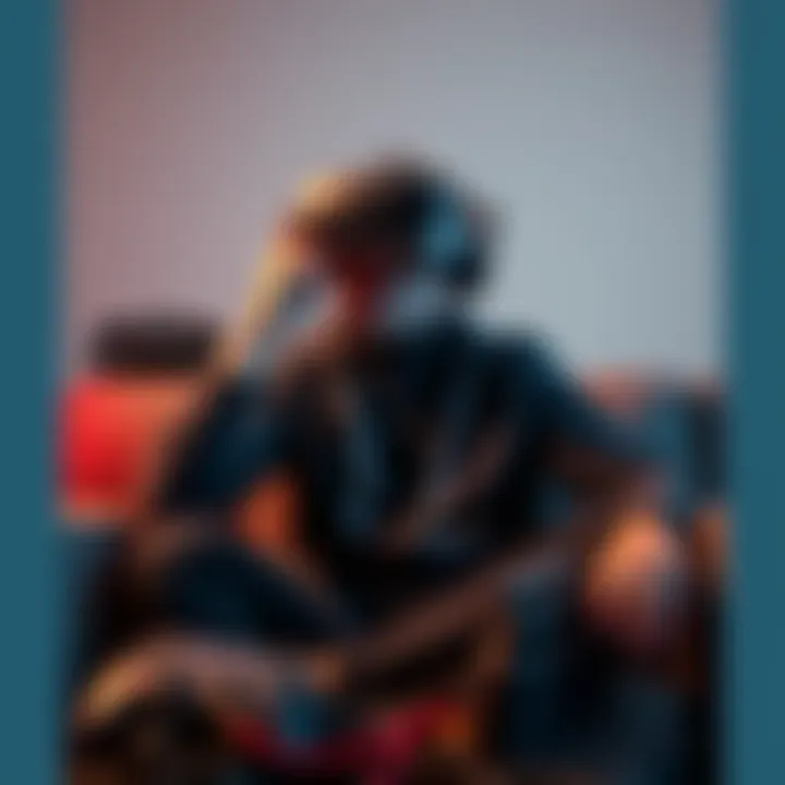 A gamer sits on a couch looking frustrated while wearing a virtual reality headset, with messy wires and gaming equipment around them.