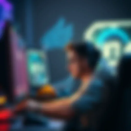 A gamer sits in front of a computer with a frustrated expression, waiting for a match to start while a timer shows a long delay.