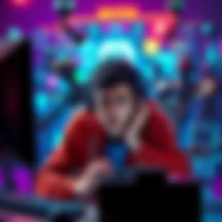 A gamer looking frustrated while playing on a computer, surrounded by graphics of robots and digital game elements