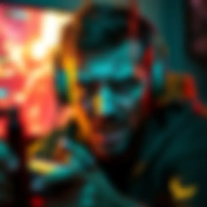 A gamer showing frustration while playing a video game plagued by glitches, with grenades and loot boxes visible on the screen.