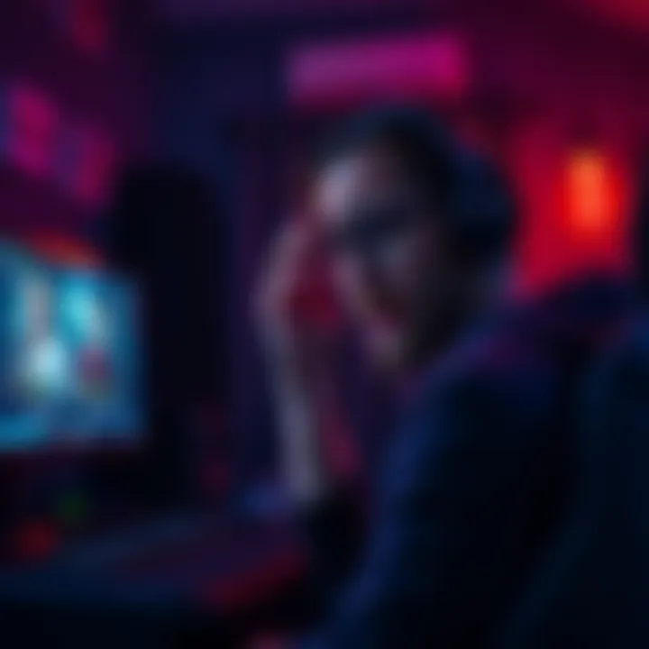 A gamer looking frustrated while playing World Tour late at night, surrounded by a dimly lit room with a gaming setup and a screen showing a matchmaking screen