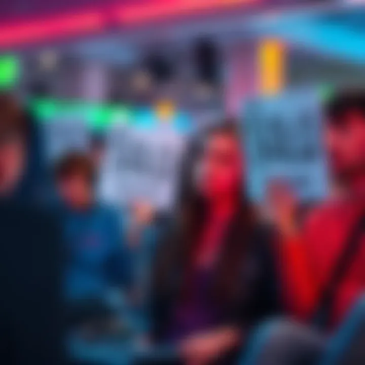 Frustrated gamers advocating for SOLO queue A group of gamers expressing frustration over matchmaking issues in a lively forum setting, holding signs for a SOLO queue option