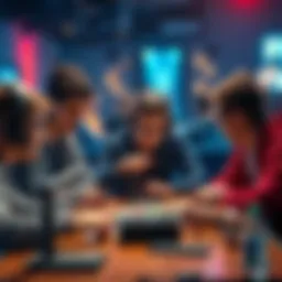 A group of gamers looking frustrated while discussing card variants and upgrades in a casual setting.