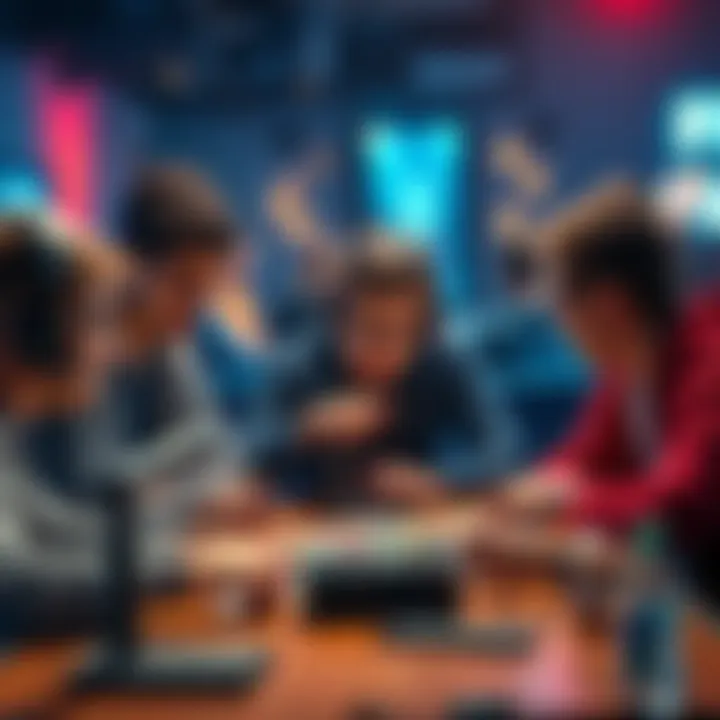 A group of gamers looking frustrated while discussing card variants and upgrades in a casual setting.