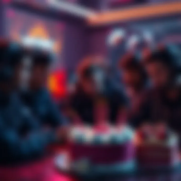 Group of gamers showing frustration over hackers and tunnelers in a gaming setting, with anniversary cakes in the foreground