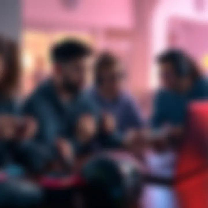 A group of gamers looking frustrated while discussing the high costs to unlock characters in a game, with game controllers and a laptop on the table.