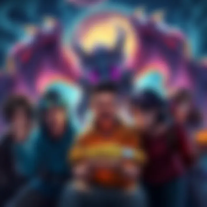 A group of gamers expressing frustration over the Darkmoon Faire gacha system in Hearthstone, with visuals of the Mythic Deathwing skin in the background.