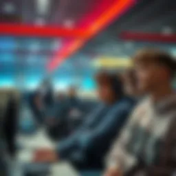 A group of gamers looking unhappy and frustrated in a virtual lobby, showing signs of toxic behavior among them