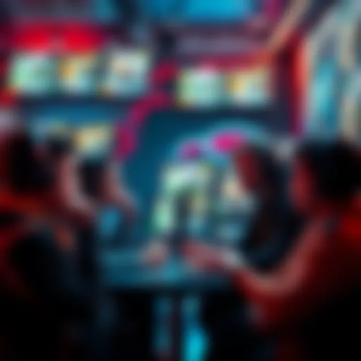 A group of gamers expressing frustration over matchmaking in a gaming cafe, with screens showing competitive game matches.