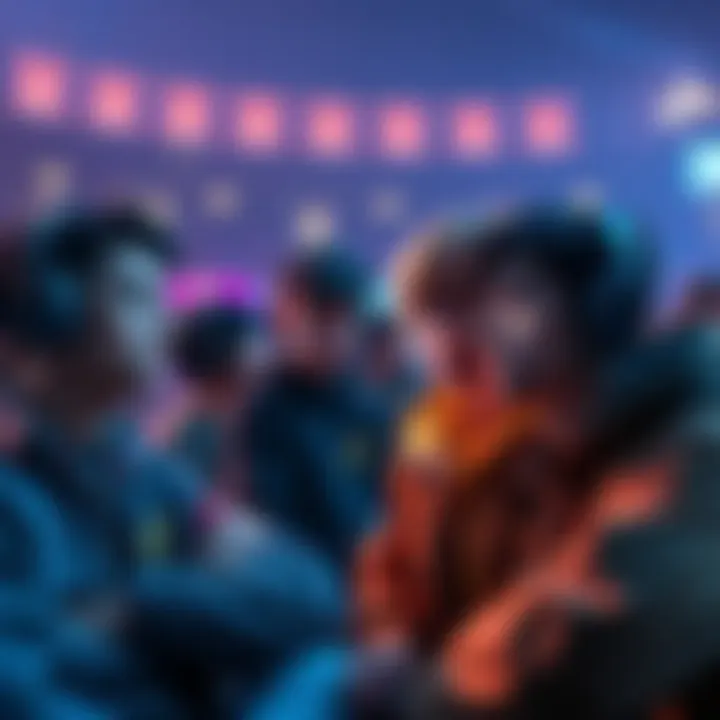 A group of elite players looking concerned about uneven matchmaking with novice teammates in a stadium setting