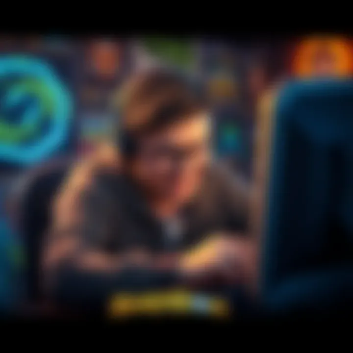 Frustrated Hearthstone Player A casual gamer looking disappointed while playing Hearthstone on a computer, surrounded by Hearthstone cards and collectibles, showing signs of frustration.