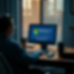 A person sitting at a desk, looking frustrated at their laptop displaying a Windows 11 update message.