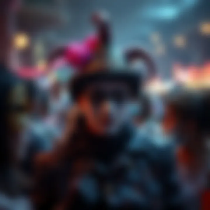 Person in a masquerade costume looking confused and disappointed after a white ward fails to activate, surrounded by others enjoying the event