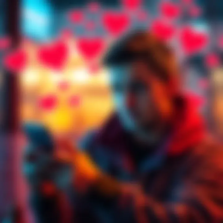A person looking frustrated while scrolling through a matchmaking app on their smartphone, surrounded by heart icons and chat bubbles