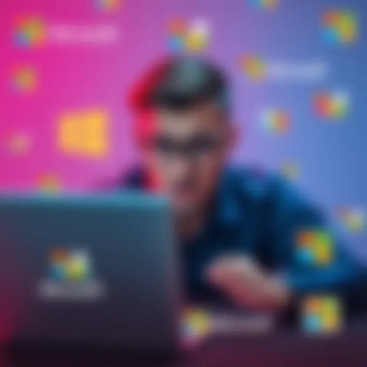 A person looking frustrated while using a laptop, surrounded by Microsoft Rewards branding, conveying issues with customer support.