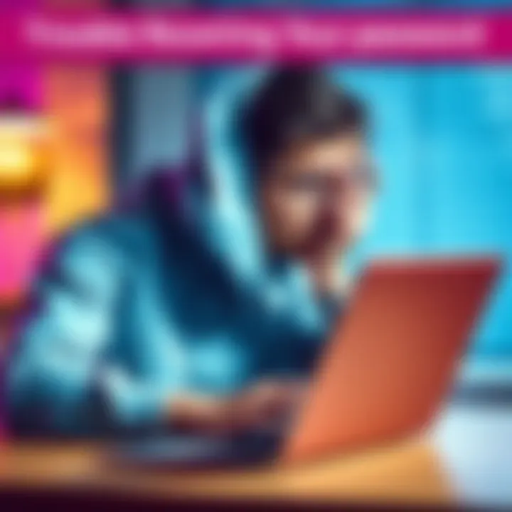 A person looking confused while using a laptop, trying to reset their password and facing issues with blocked chats.