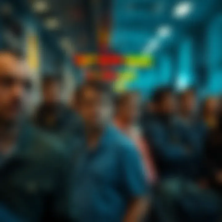 A group of tired people standing in a long queue, showing expressions of frustration and weariness as they wait for the blue bloke.