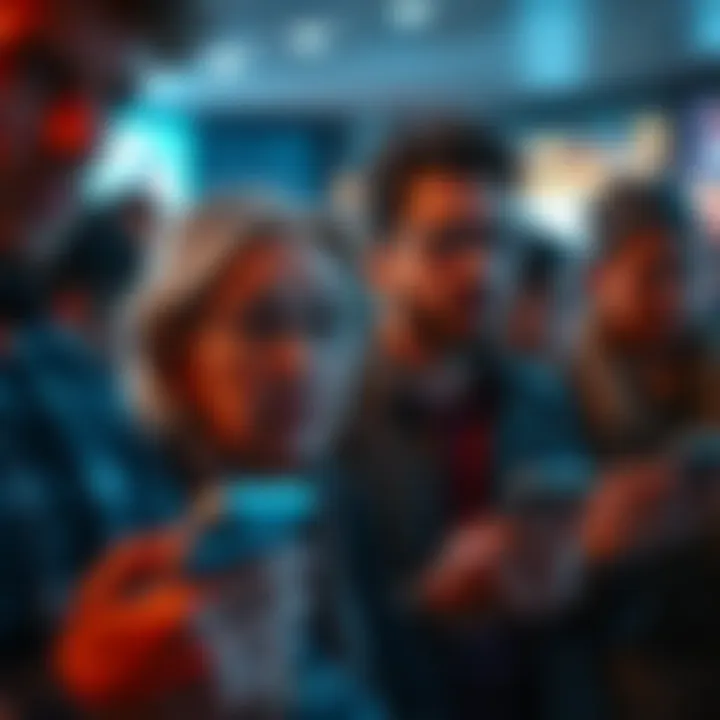 Group of people looking at their devices with expressions of frustration due to long wait times