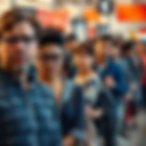 A group of people looking impatient while waiting in a long line at the post office