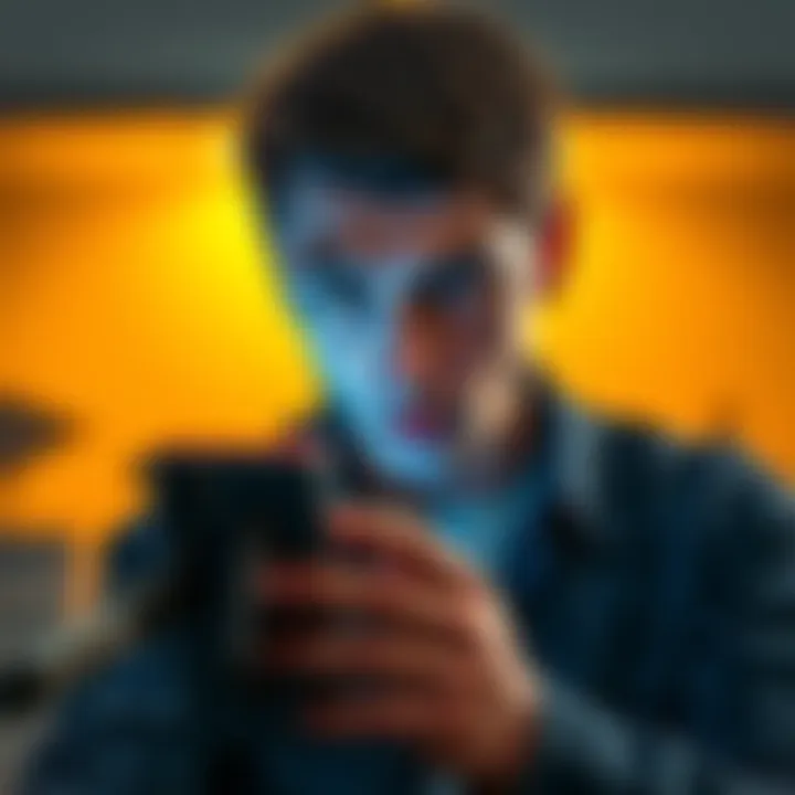 A person looking annoyed while using a smartphone, showing a messaging app without toggle talk options