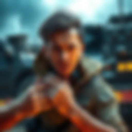 Frustrated person in armored transport A person expressing frustration during an armored transport mission, surrounded by barriers and vehicles, showing signs of discontent and stress.