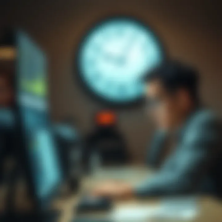 A person looking stressed at a computer screen, showing frustration over search limitations, with a clock in the background indicating time passing.