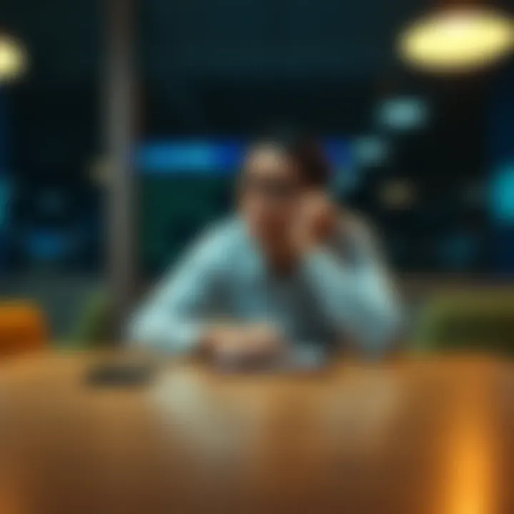 A person sitting alone at a table looking frustrated while waiting for a response in a conversation, with a phone and a notepad in front of them.