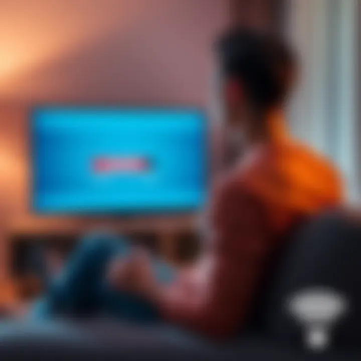 A person sitting on a couch, looking frustrated at a TV screen showing buffering symbol, with a laptop beside them and a slow WiFi signal icon visible.