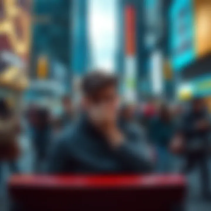 Frustrated Person in a Busy City A person looking overwhelmed while sitting on a bench in a bustling city, with people rushing by.