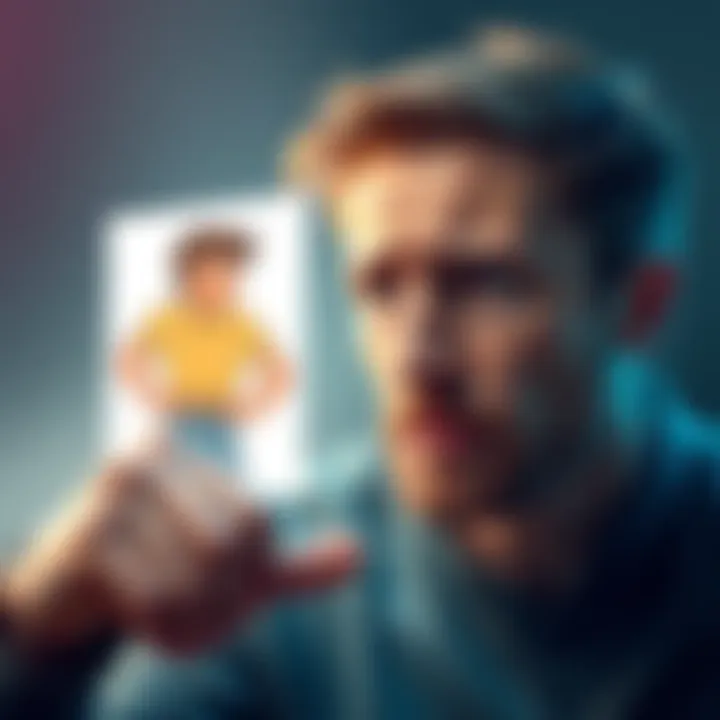 A person with a disappointed expression looking at an illustration of a poorly designed character, emphasizing public disdain.