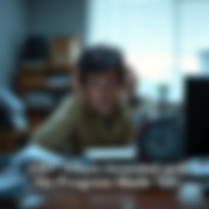 A frustrated person sitting at a desk, staring at a clock and papers, feeling stuck after long hours of work
