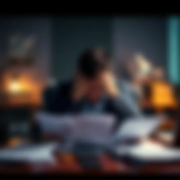 Person struggling with daily tasks A frustrated individual sits at a desk surrounded by three task lists, showing the stress of trying to manage too many daily activities.