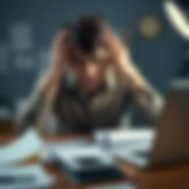 A person sitting at a desk with their head in their hands, showing frustration over recurring issues, surrounded by papers and a laptop.