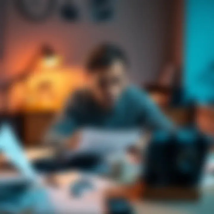 A person sitting at a desk, looking stressed and confused while trying to draft an important document with papers scattered around