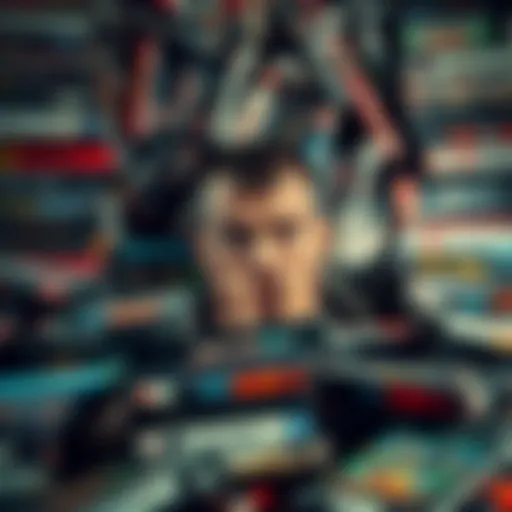 A frustrated person looks at a pile of old video game cases, expressing disappointment over repeated remakes and remasters, longing for new content.