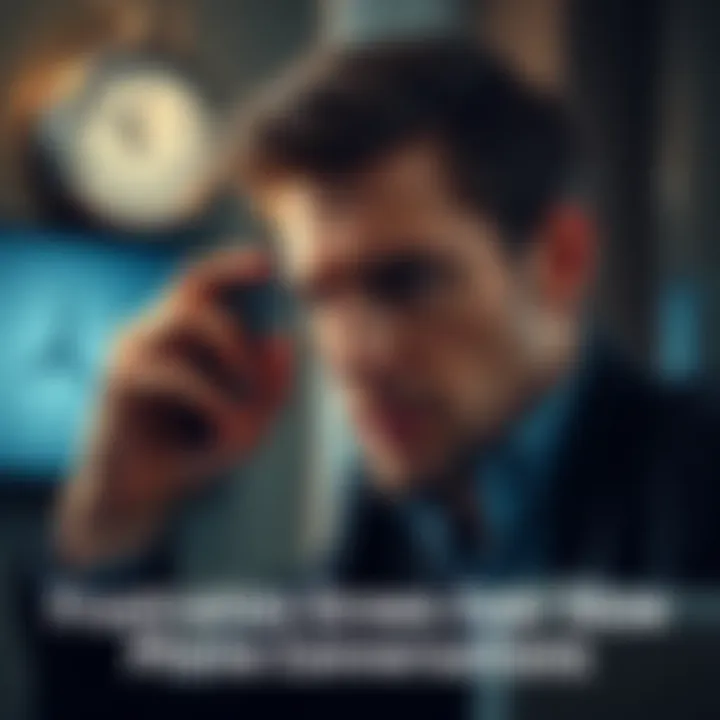 A person looks frustrated while talking on the phone, with a clock showing time passing slowly in the background.