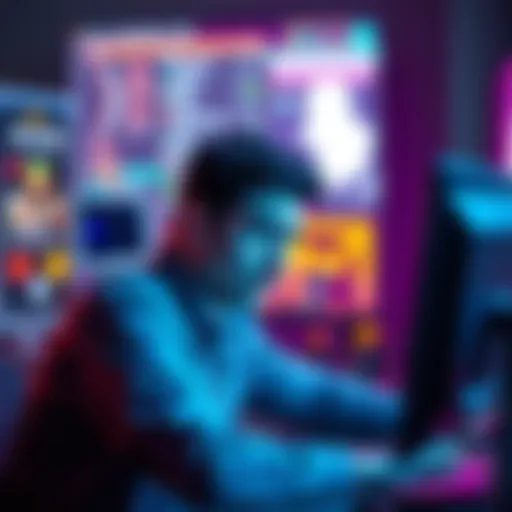 A person looking frustrated at their computer screen, struggling with an overlay feature that won't disable, surrounded by digital interface elements