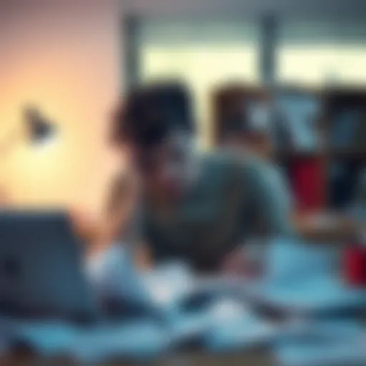 A person sitting at a desk, looking frustrated while working on a project, papers scattered around them, showing signs of doubt and struggle.